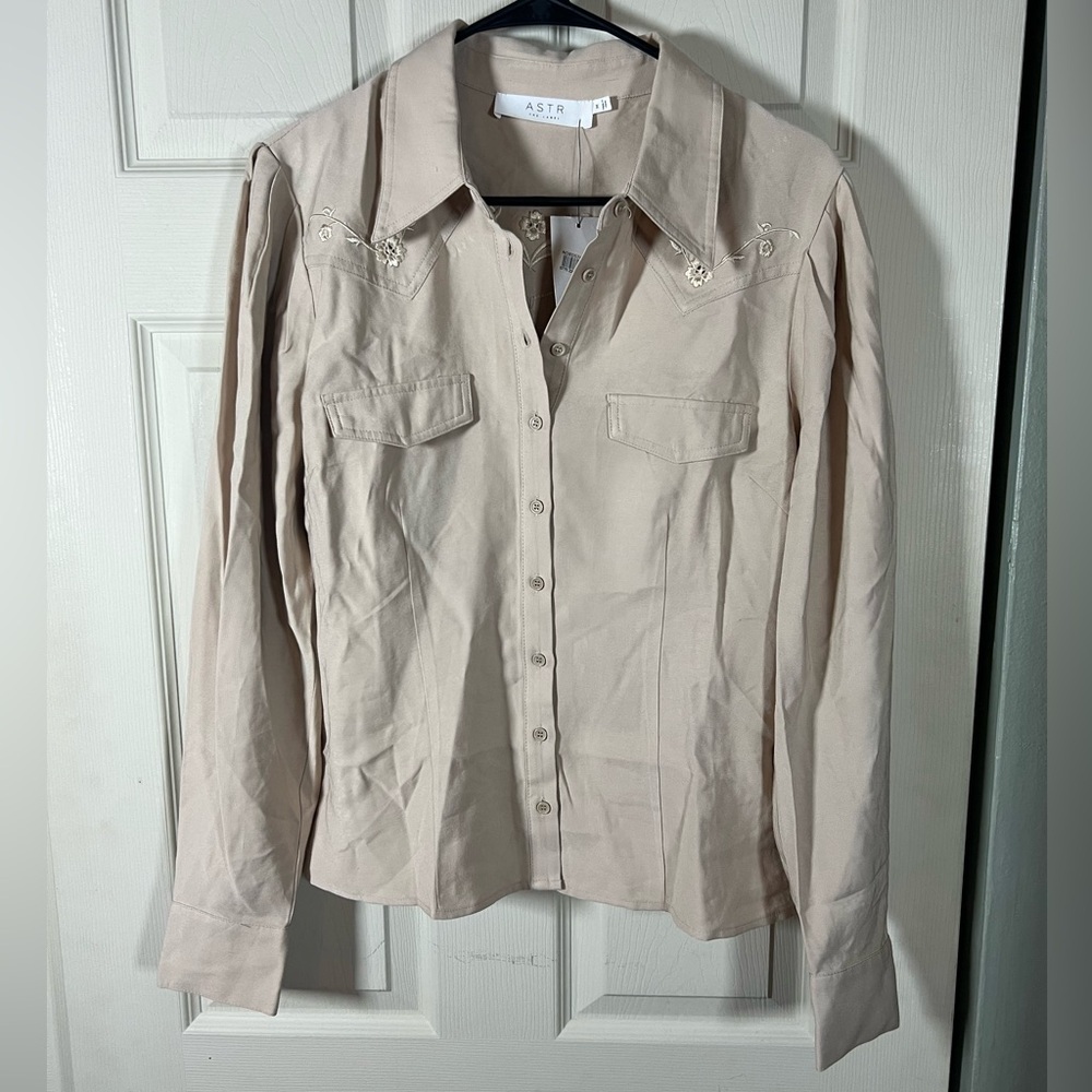 ASTR x Anthropologie Western Cream Floral Embroidered Cut Out Shirt Shacket